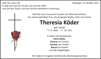 Anzeige von Theresia Köder von Schwäbische Zeitung