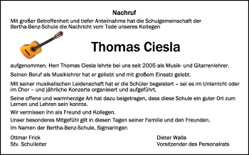 Anzeige von Thomas Ciesla von Schwäbische Zeitung