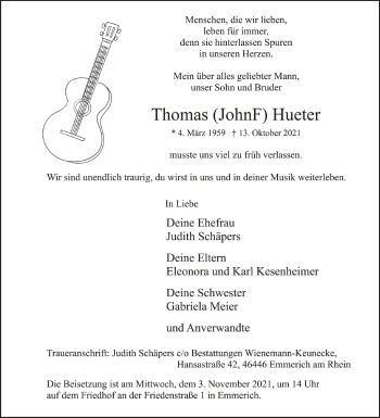 Anzeige von Thomas Hueter von Schwäbische Zeitung