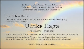 Anzeige von Ulrike Haga von Schwäbische Zeitung