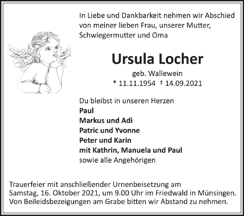  Traueranzeige für Ursula Locher vom 14.10.2021 aus Schwäbische Zeitung