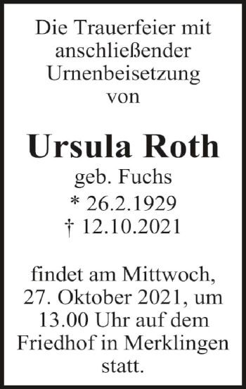 Anzeige von Ursula Roth von Schwäbische Zeitung