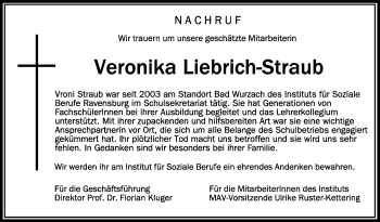 Anzeige von Veronika Liebrich-Straub von Schwäbische Zeitung