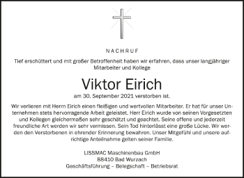Anzeige von Viktor Eirich von Schwäbische Zeitung