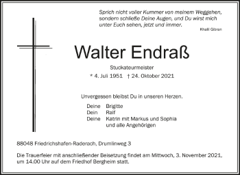 Anzeige von Walter Endraß von Schwäbische Zeitung
