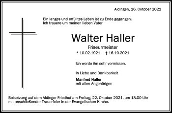 Anzeige von Walter Haller von Schwäbische Zeitung