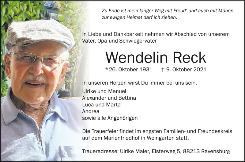  Traueranzeige für Wendelin Reck vom 16.10.2021 aus Schwäbische Zeitung