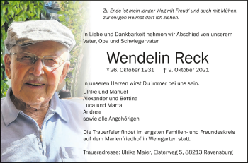 Anzeige von Wendelin Reck von Schwäbische Zeitung