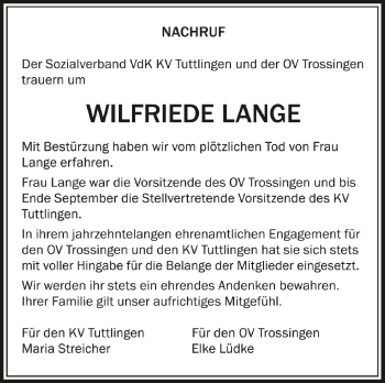 Anzeige von Wilfriede Lange von Schwäbische Zeitung
