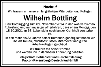 Anzeige von Wilhelm Bottling von Schwäbische Zeitung