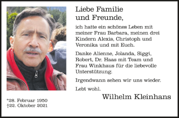 Anzeige von Wilhelm Kleinhans von Schwäbische Zeitung