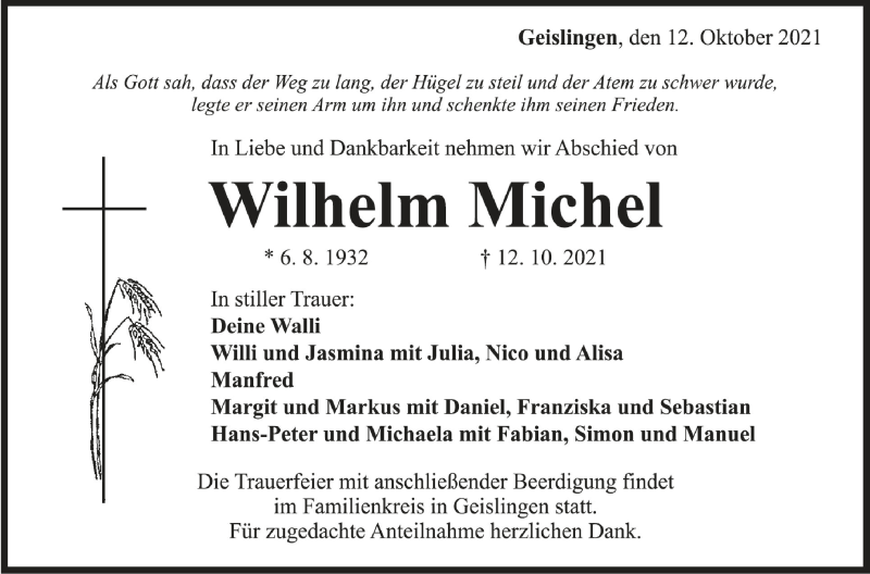  Traueranzeige für Wilhelm Michel vom 14.10.2021 aus Schwäbische Zeitung