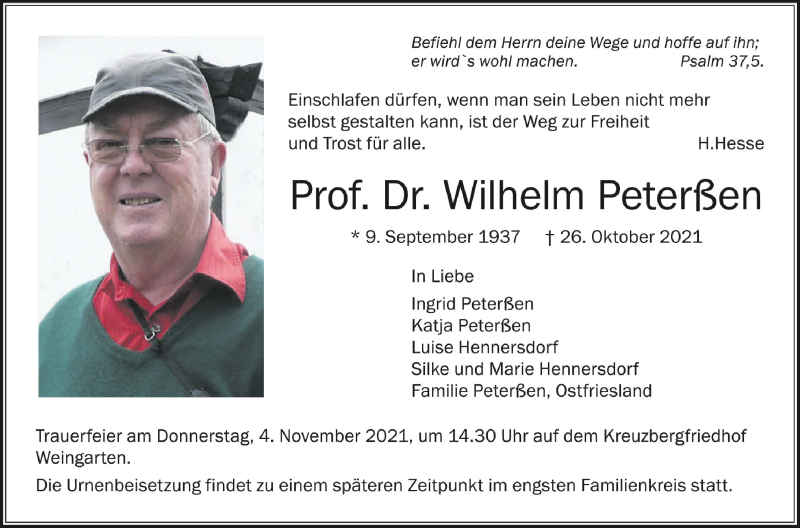  Traueranzeige für Wilhelm Peterßen vom 30.10.2021 aus Schwäbische Zeitung