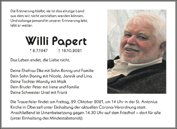Anzeige von Willi Papert von Schwäbische Zeitung