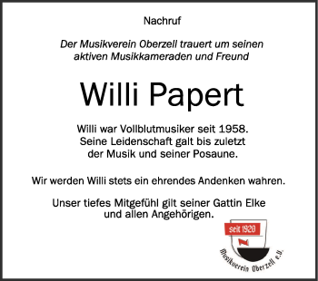 Anzeige von Willi Papert von Schwäbische Zeitung
