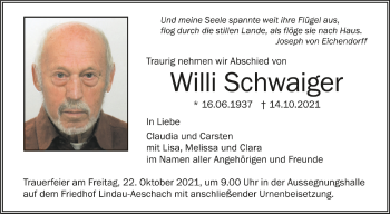 Anzeige von Willi Schwaiger von Schwäbische Zeitung