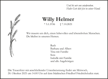 Anzeige von Willy Helmer von Schwäbische Zeitung