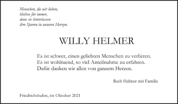 Anzeige von Willy Helmer von Schwäbische Zeitung