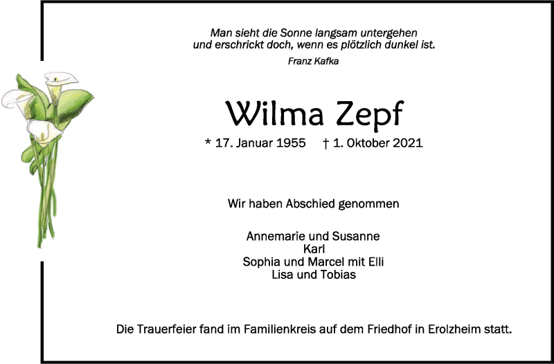  Traueranzeige für Wilma Zepf vom 09.10.2021 aus Schwäbische Zeitung