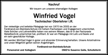 Anzeige von Winfried Vogel von Schwäbische Zeitung