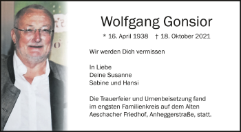 Anzeige von Wolfgang Gonsior von Schwäbische Zeitung