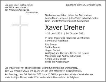 Anzeige von Xaver Dreher von Schwäbische Zeitung