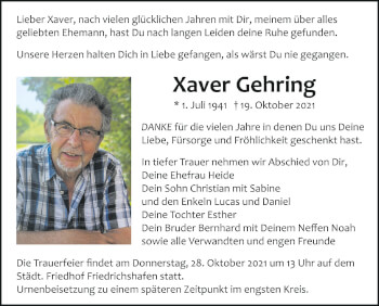 Anzeige von Xaver Gehring von Schwäbische Zeitung