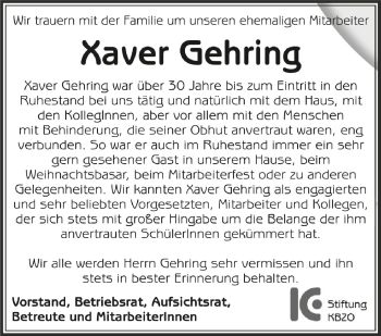Anzeige von Xaver Gehring von Schwäbische Zeitung
