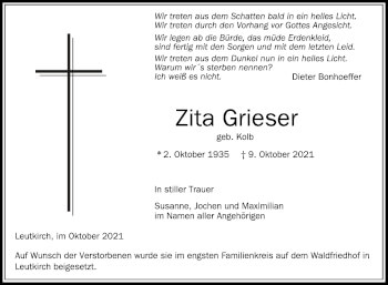 Anzeige von Zita Grieser von Schwäbische Zeitung