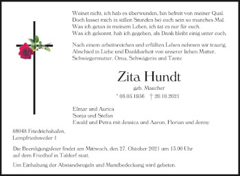 Anzeige von Zita Hundt von Schwäbische Zeitung