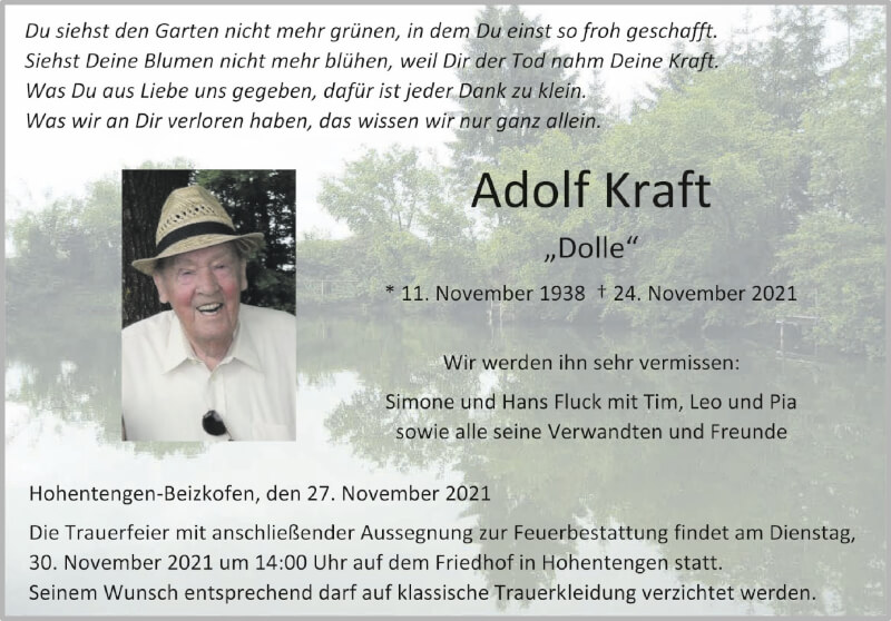  Traueranzeige für Adolf Kraft vom 27.11.2021 aus Schwäbische Zeitung