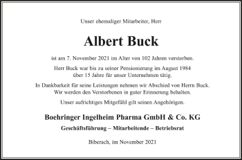 Anzeige von Albert Buck von Schwäbische Zeitung