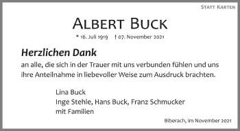 Anzeige von Albert Buck von Schwäbische Zeitung