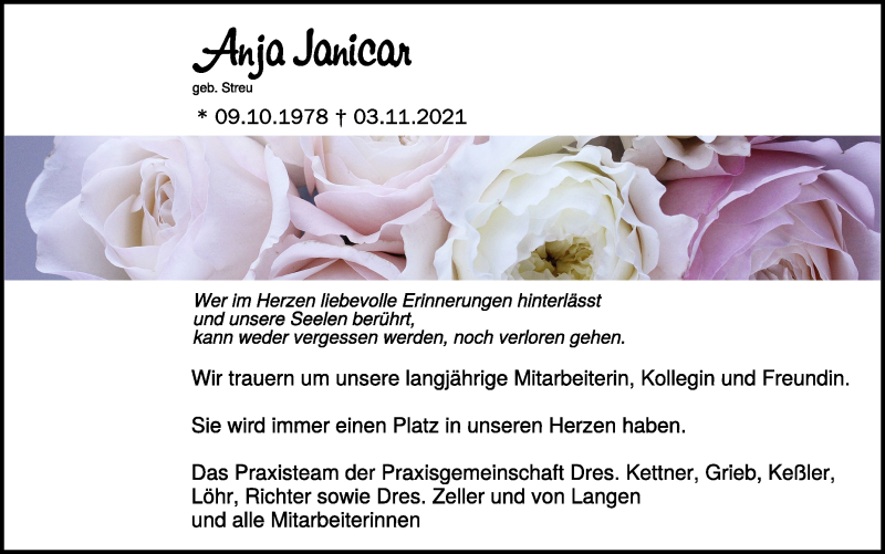 Traueranzeige für Anja Janicar vom 16.11.2021 aus Schwäbische Zeitung
