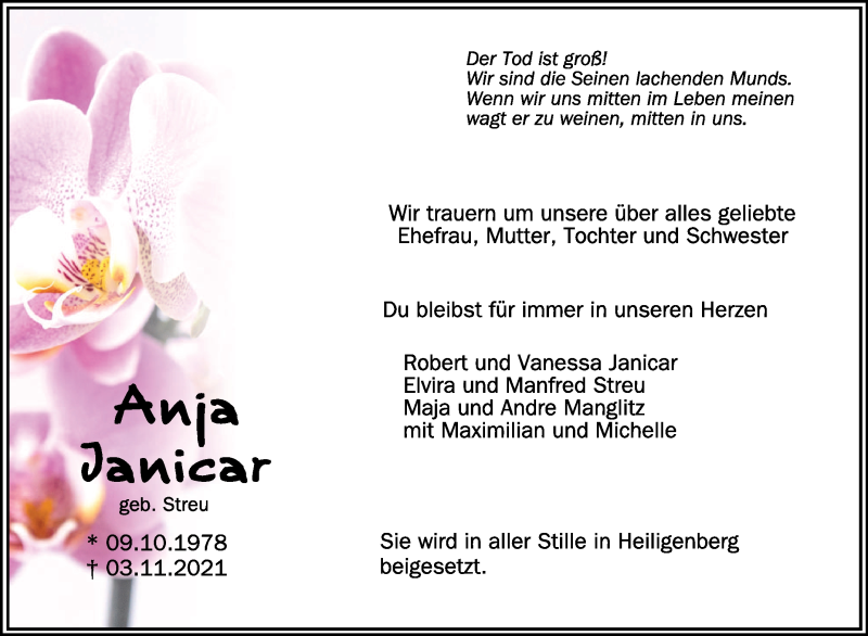  Traueranzeige für Anja Janicar vom 13.11.2021 aus Schwäbische Zeitung