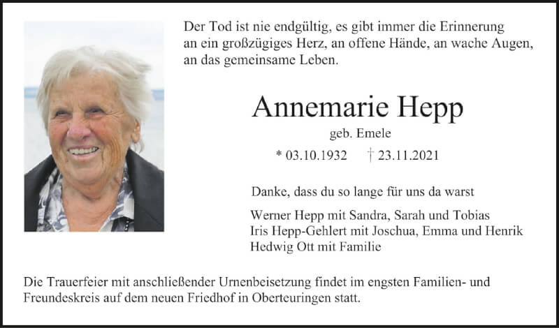  Traueranzeige für Annemarie Hepp vom 27.11.2021 aus Schwäbische Zeitung