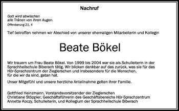 Anzeige von Beate Bökel von Schwäbische Zeitung