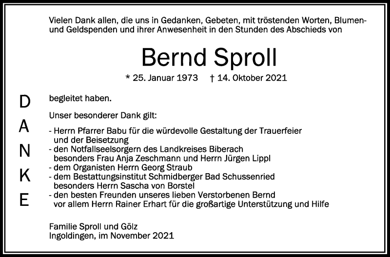  Traueranzeige für Bernd Sproll vom 13.11.2021 aus Schwäbische Zeitung