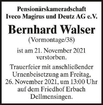 Anzeige von Bernhard Walser von Schwäbische Zeitung