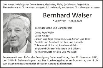 Anzeige von Bernhard Walser von Schwäbische Zeitung