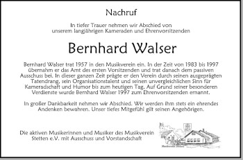 Anzeige von Bernhard Walser von Schwäbische Zeitung