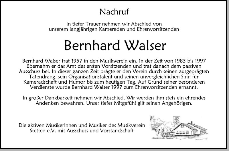  Traueranzeige für Bernhard Walser vom 26.11.2021 aus Schwäbische Zeitung