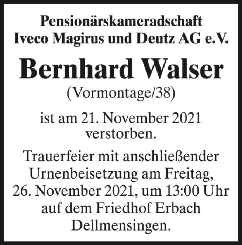  Traueranzeige für Bernhard Walser vom 25.11.2021 aus Schwäbische Zeitung