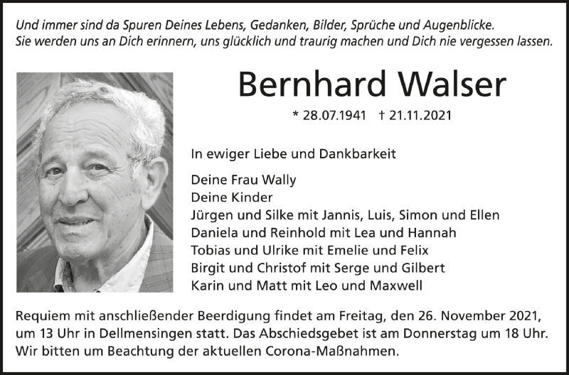  Traueranzeige für Bernhard Walser vom 24.11.2021 aus Schwäbische Zeitung