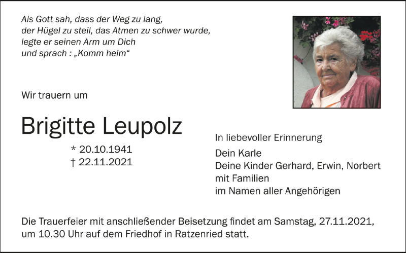  Traueranzeige für Brigitte Leupolz vom 26.11.2021 aus Schwäbische Zeitung