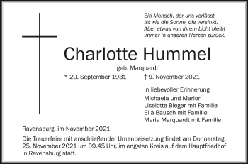 Anzeige von Charlotte Hummel von Schwäbische Zeitung