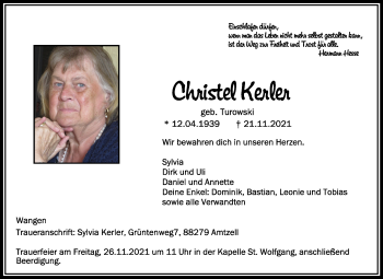 Anzeige von Christel Kerler von Schwäbische Zeitung