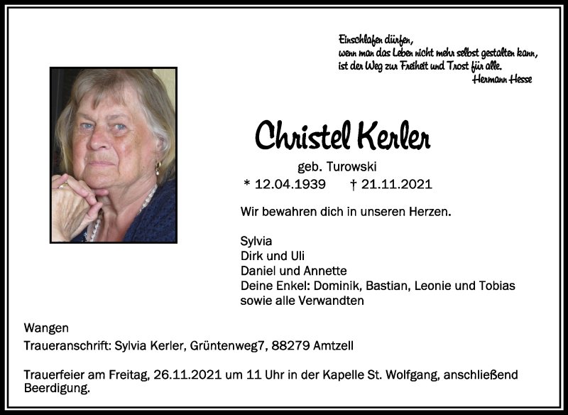  Traueranzeige für Christel Kerler vom 24.11.2021 aus Schwäbische Zeitung