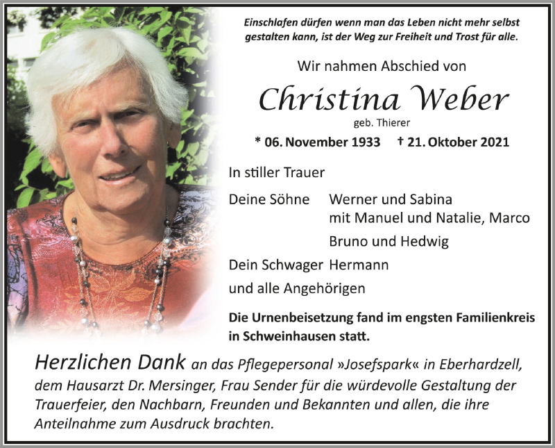  Traueranzeige für Christina Weber vom 06.11.2021 aus Schwäbische Zeitung