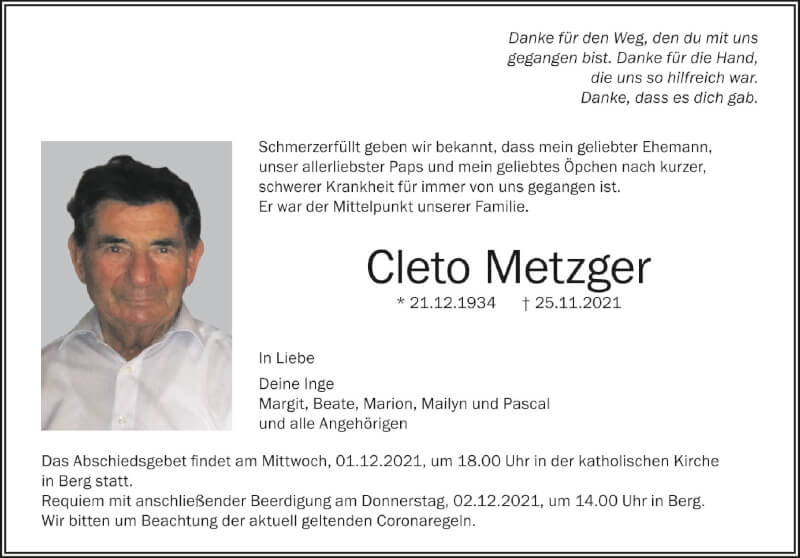  Traueranzeige für Cleto Metzger vom 27.11.2021 aus Schwäbische Zeitung